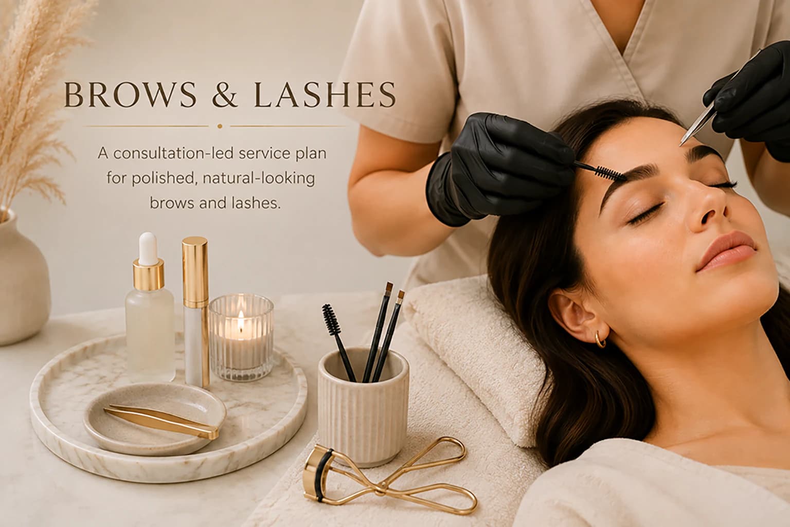 A professional brow and lash treatment performed by an esthetician